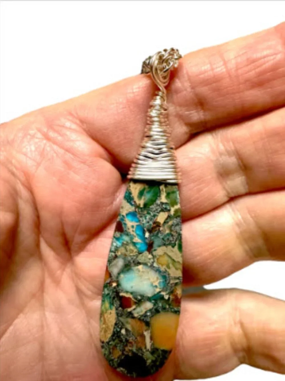 Ocean Blue Impressions Jasper Necklace Pyrite Wire Wrapped Pendant Handmade